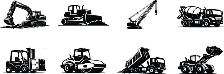 Heavy construction machinery linocut icon set featuring excavator bulldozer crane concrete mixer forklift road roller dump truck and front loader vector illustration © ORCHONA