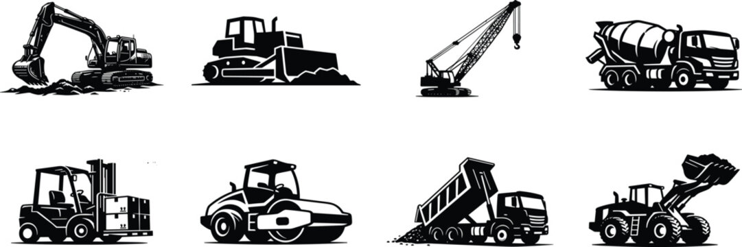 Heavy construction machinery linocut icon set featuring excavator bulldozer crane concrete mixer forklift road roller dump truck and front loader vector illustration