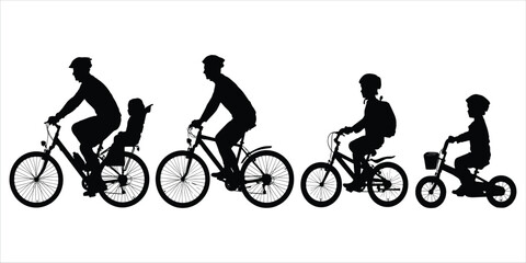 Obraz premium Family Cycling Silhouettes From Adult To Child On White Background bicycle father