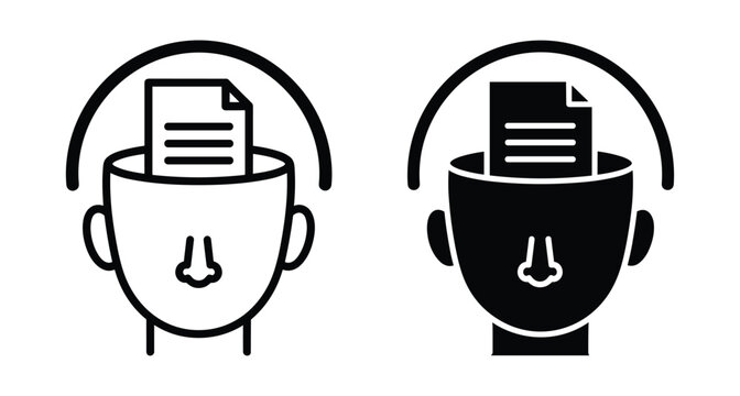 Human head icon with document paper inside brain representing knowledge learning education information processing memory mental health and cognitive skills