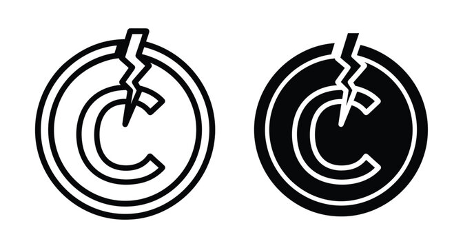 Broken copyright symbol icons representing intellectual property infringement piracy legal violation digital rights management failure and unauthorized use of creative content