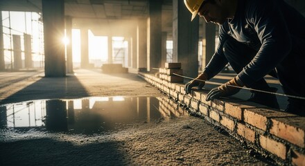 Fototapeta premium Construction Worker Laying Bricks On Site During Sunrise