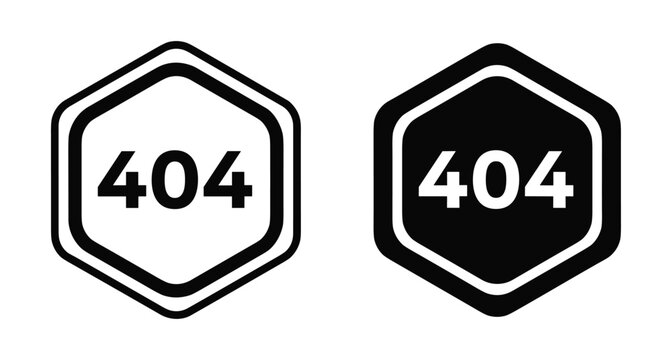 404 error page not found icon set with hexagonal shape in black and white outline and solid flat vector graphic style