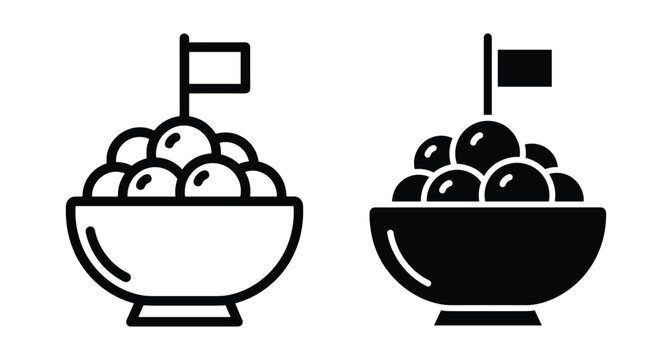 Bowl of food with flag icon set including outline and solid versions for restaurant menu catering or party snack design