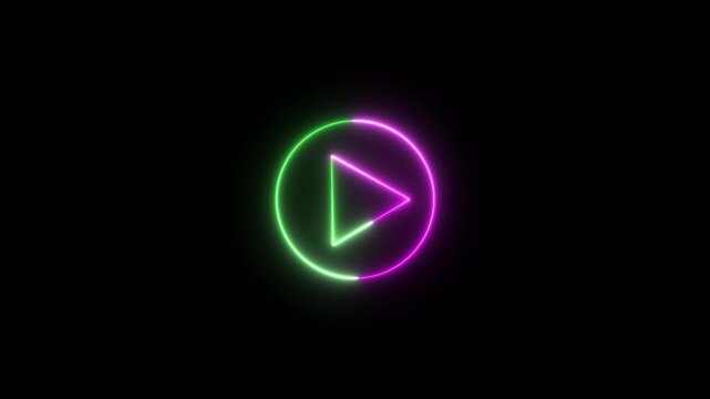green and pink neon play button glowing in dark background. 4K ANIMATION VIDEO 