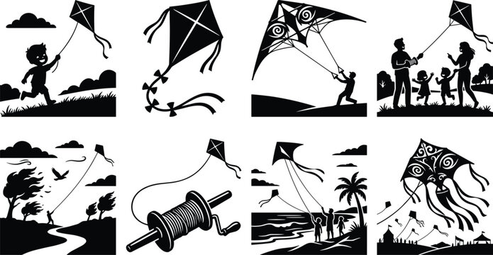 Kite flying festival icon set with family fun string spool and decorative kites vector silhouette illustration isolated on white background