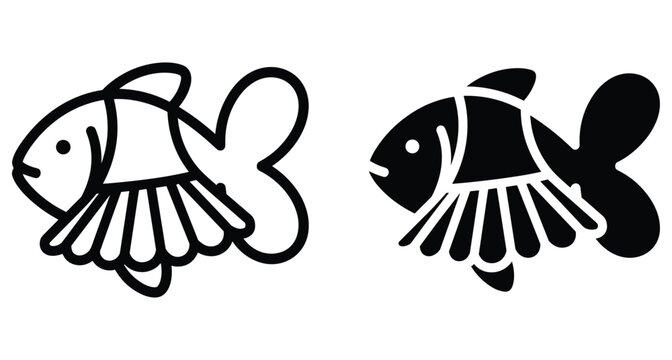 Stylized fish wearing tutu skirt icons set in outline and solid black silhouette style for dance and aquatic animal design projects