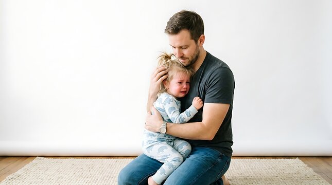Father comforting his crying toddler daughter, sitting on the floor in a studio setting