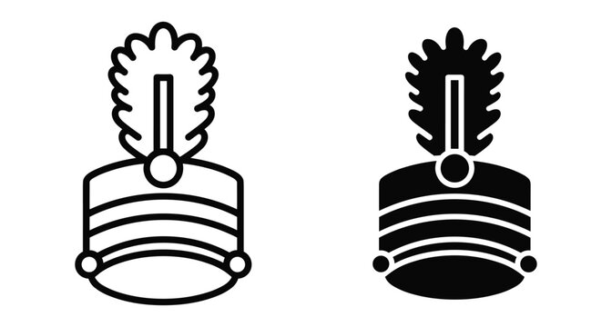Marching band shako hat icon set with plume feather for parade music uniform design elements in line and solid style