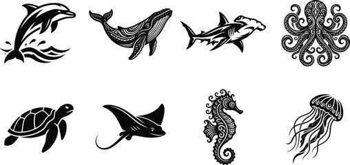 Marine life and ocean animals vector silhouette set featuring dolphin whale hammerhead shark octopus sea turtle stingray seahorse and jellyfish © ORCHONA