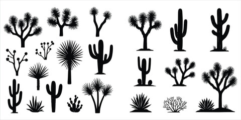 Obraz premium Twenty Black Desert Plant Silhouettes Featuring Cacti And Joshua Trees Keywords: silhouette, desert, plant, cactus, joshua tree