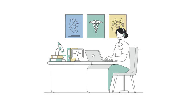 Female medical professional wearing headset works on laptop at desk with microscope and anatomical wall charts of heart and brain for telemedicine consultation services.