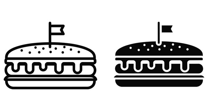 Burger icon set featuring outline and solid styles with a small flag on top for restaurant menu and fast food branding