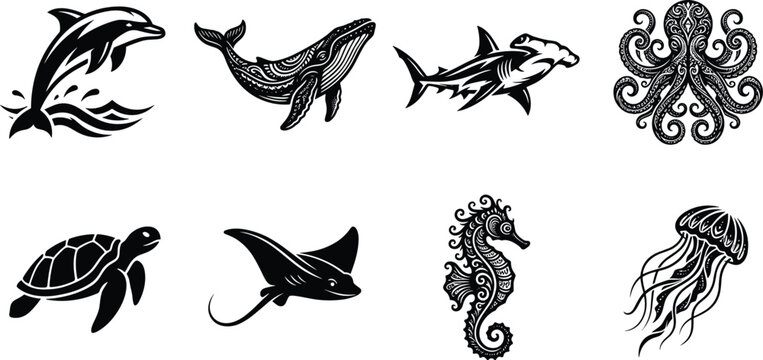 Marine life and ocean animals vector silhouette set featuring dolphin whale hammerhead shark octopus sea turtle stingray seahorse and jellyfish