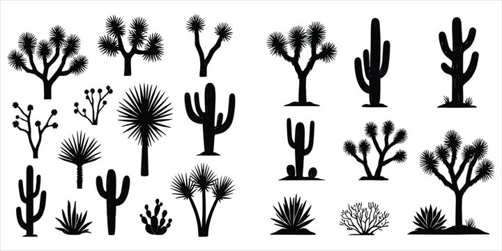 Twenty Black Desert Plant Silhouettes Featuring Cacti And Joshua Trees Keywords: silhouette, desert, plant, cactus, joshua tree
