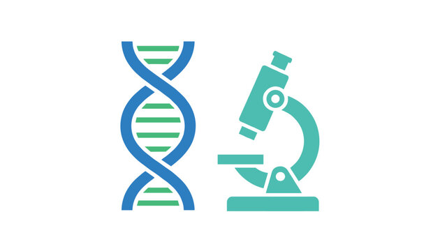Blue DNA double helix structure paired with a teal scientific microscope for genetic research and biological study in a clean flat vector illustration.
