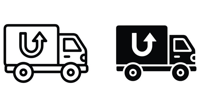 Delivery truck return shipping icon set showing reverse logistics and transport services for e commerce business and package distribution with u turn arrow symbol