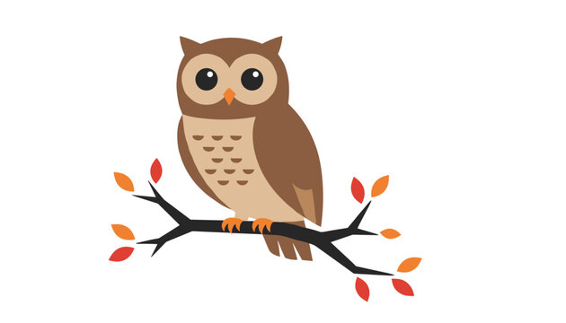 Perched brown owl with large wide eyes sitting on a dark wooden branch adorned with fallen autumn foliage in vibrant orange and amber hues for seasonal woodland graphics.