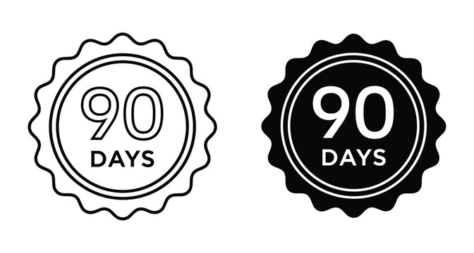 90 days guarantee seal icon set with outline and solid black circle badge for warranty period or trial duration offer