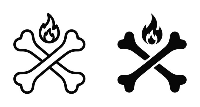 Crossed bones with flame icon set representing danger fire poison death toxic hazard cremation burning skeleton pirate symbol graphic vector