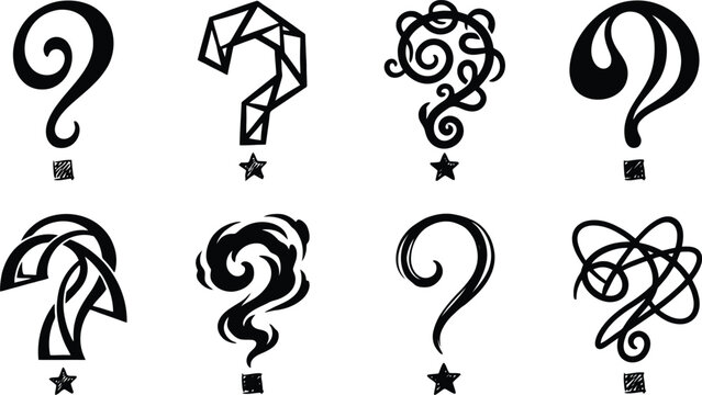 Creative question mark icons set, 8 decorative interrogation point symbols, geometric and swirl mystery marks, black vector punctuation graphics