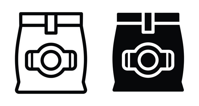 Coffee bag packaging icon set with outline and solid versions for grocery store product branding and food storage container design