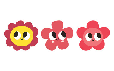 Fototapeta premium Set of cute happy flower characters with large eyes character illustration botanical childish minimalist decoration cheerful expression blooming