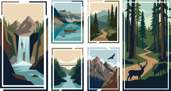 Nature adventure landscape posters set with mountains forest waterfall river lake deer and hiking trail vectors