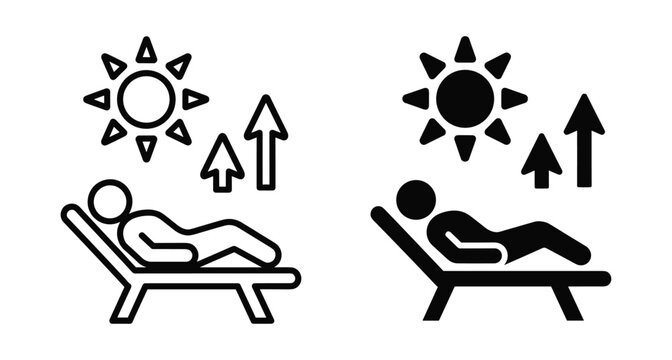 Sunbathing person icon on deck chair under hot sun with rising temperature arrows representing UV index heat and summer vacation