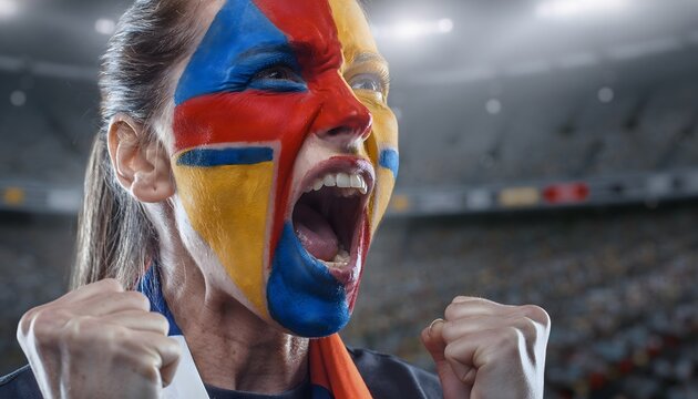 Vibrant face-painted female fan fervently cheers, fists clenched, celebrating victory, global football championship scenario, commercial use.