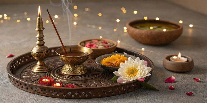 Aarti thali with incense and flowers isolated on transparent background for Diwali festival