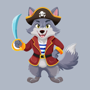 Vibrant vector illustration of pirate wolf captain holding sword wearing hat and nautical coat perfect for merchandise print showcasing rich detailed