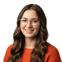 Obraz premium Young woman with long wavy brown hair and glasses smiling isolated on transparent background