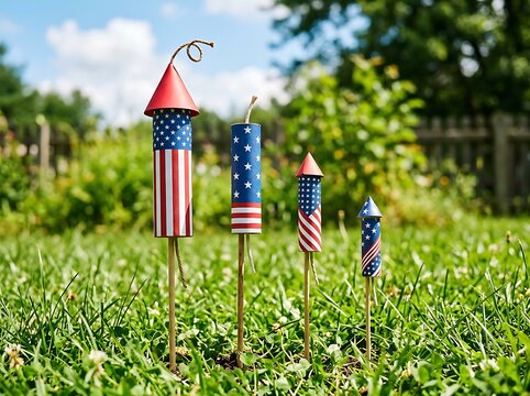 Collection of four festive patriotic fireworks decorated with American flag patterns standing upright in lush green grass