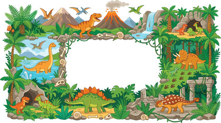 Prehistoric dinosaur world background frame vector with volcano mountains jungle trees waterfall and cute cartoon characters © Kulsum