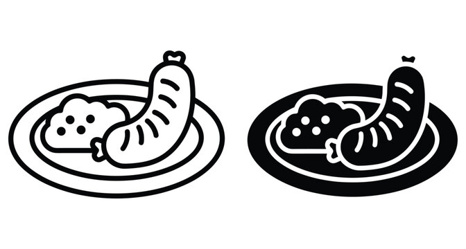 Sausage and mashed potatoes on a plate icon set featuring outline and solid black styles for food menu design graphics