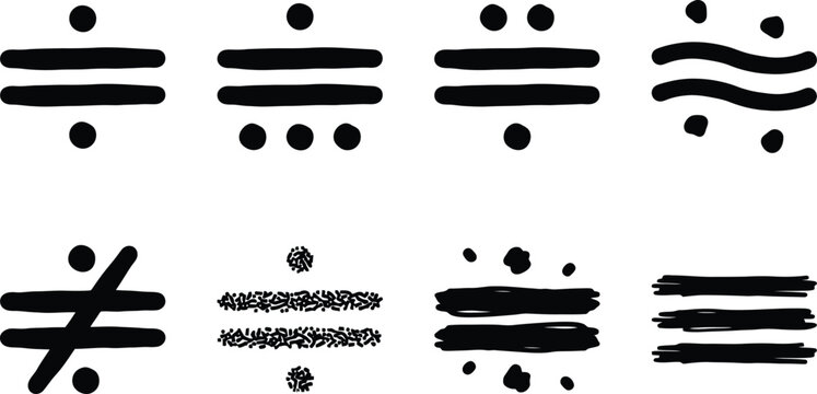 Hand-drawn math symbols and division signs, black ink brush stroke icons, set of 8 textured mathematical vector elements for education and design