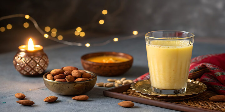 Glass of saffron milk kesar doodh with almonds isolated on transparent background PNG graphic