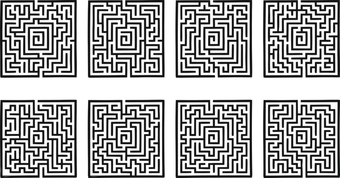 Square maze collection with 8 complex labyrinth puzzles, black and white geometric line art vector set, difficult logic game elements for activity books