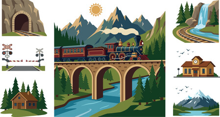 Vintage steam train railway vector elements set with mountain bridge tunnel waterfall station and cabin illustrations © Kulsum