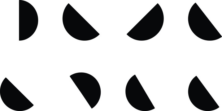 Minimalist geometric semicircle icons, black half circle shapes in various rotations, abstract vector elements for logo design and patterns