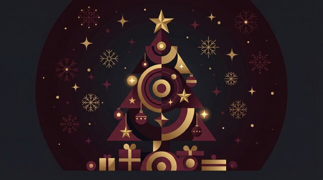 Merry Christmas Day 2026 abstract Background Festive christmas tree with golden astrological symbols and stars on dark space background