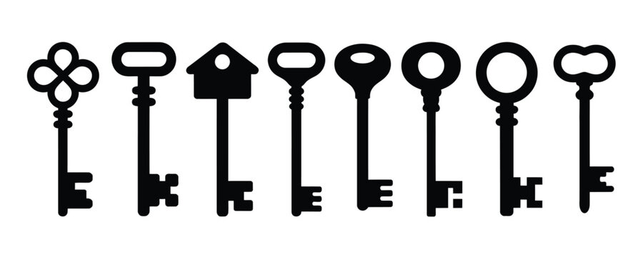 Set of black silhouette door keys vector illustration featuring vintage antique keys, padlock shapes, and isolated key icon collection on white background for security, locksmith, and design projects