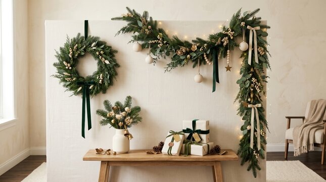 Merry Christmas Day 2026 abstract Background Modern indoor decor with hanging greenery and wooden shelf