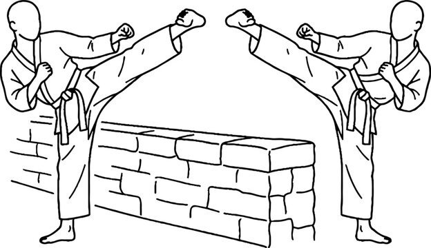 Two martial artists breaking bricks with their hands.