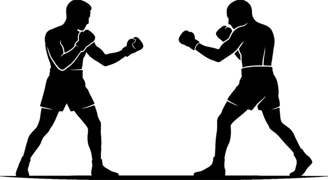 Two boxers in a dynamic fighting stance silhouette.