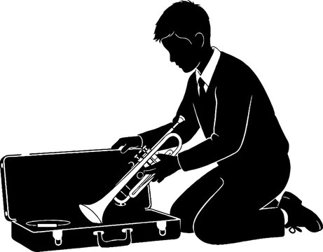 Musician playing trumpet from open suitcase silhouette.