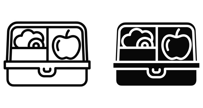 Lunch box icon set with apple and healthy food compartments in outline and solid black styles for school or office