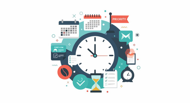 Time Management and Productivity Concept Illustration with Clock, Calendar, and Checklist Icons for Efficient Planning and Workflow Optimization