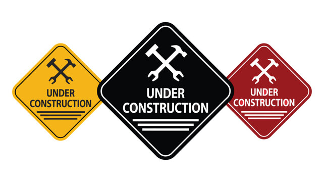 Under construction vector icon set representing site maintenance, road repair, ongoing development, infrastructure work, and caution signage concepts.